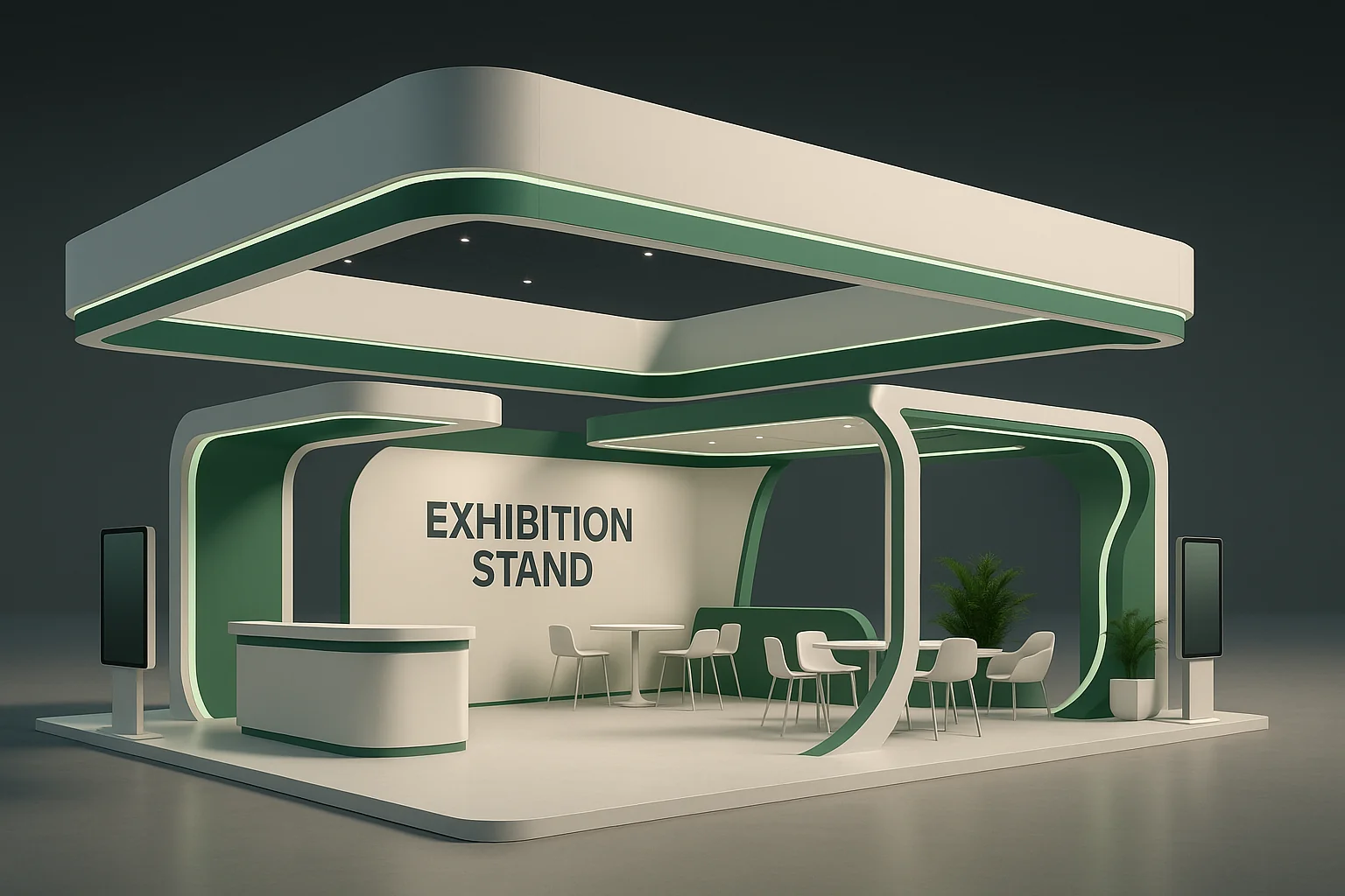 Setup process background showing exhibition stand construction